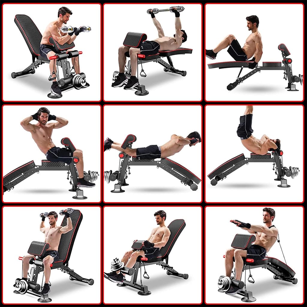 Ahoj Krása FlexForma adjustable bench shown in various strength training exercises for a complete body workout.