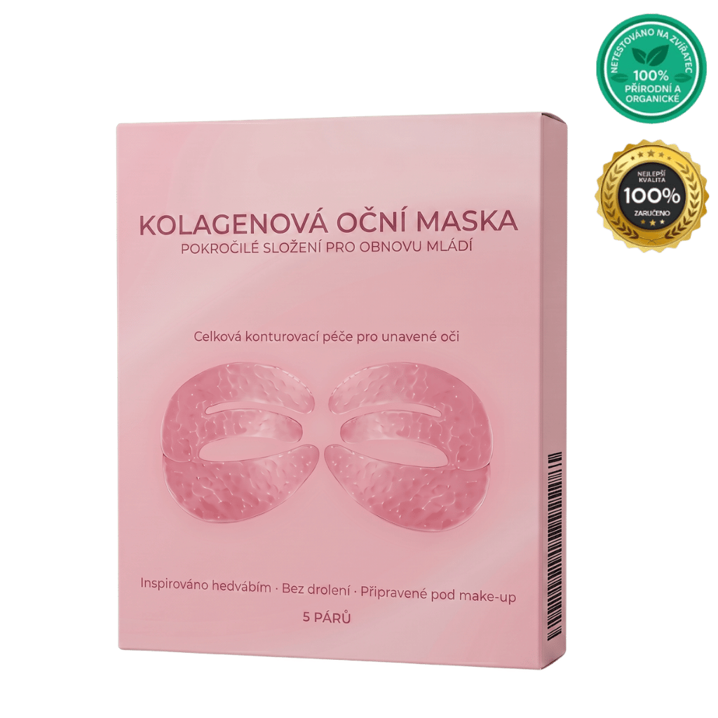 Hloubková kolagenová oční maska v růžovém obalu pro obnovu mladistvého vzhledu a vyživení unavených očí.