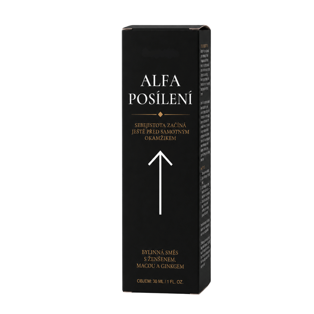 Obal produktu ALFA POSÍLENÍ, bylinná směs s ženšenem, macou a ginkgem, pomoc pro zvýšení sebevědomí.