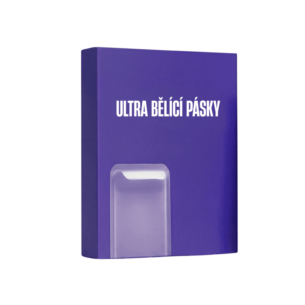Obal produktu Ultra bělící pásky, které zajišťují jasnější úsměv.