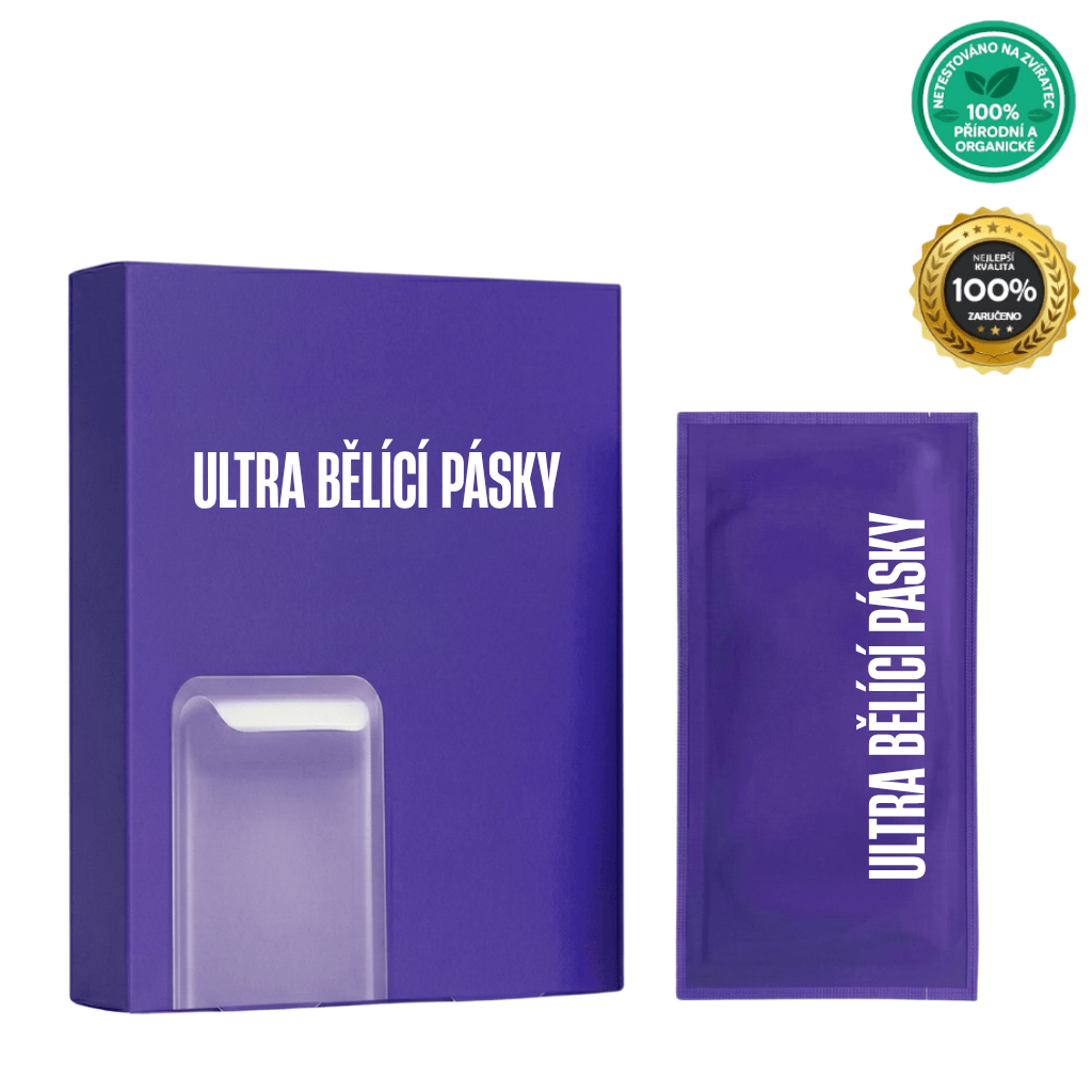 Obal produktu Ultra bělící pásky s jednotlivými pásky v balení pro bělení zubů.