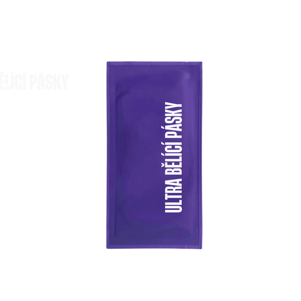 Obal produktu Ultra bělící pásky na bělení zubů s jasným designem.