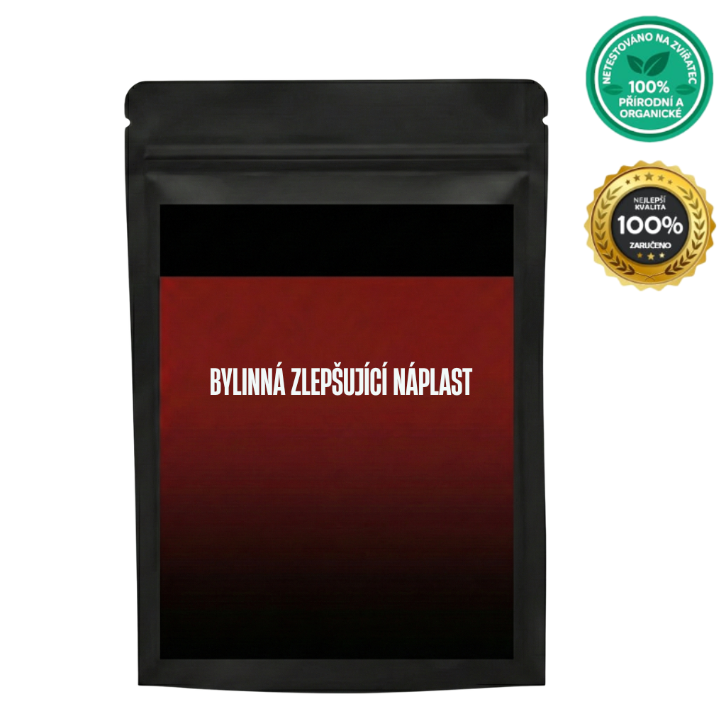 Obal produktu Bylinná zlepšující náplast s certifikací 100% přírodní a organické.