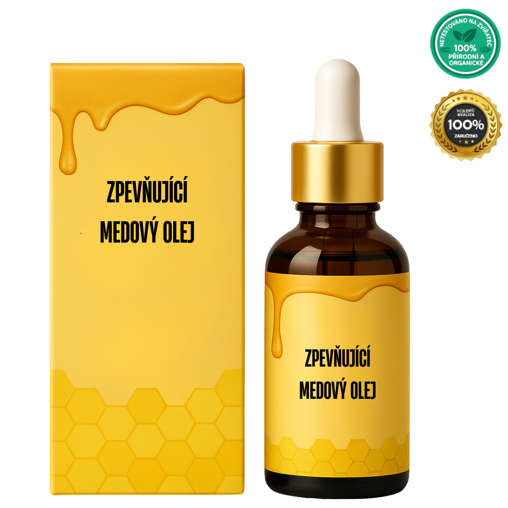 Zpevňující Medový Olej v elegantní lahvičce na žlutém pozadí s obalem.