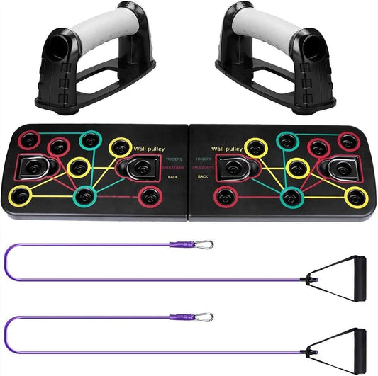 Ahoj Krása Multifunkční tréninková deska na kliky s odnímatelnými rukojeťmi a odporovými gumami pro domácí cvičení.