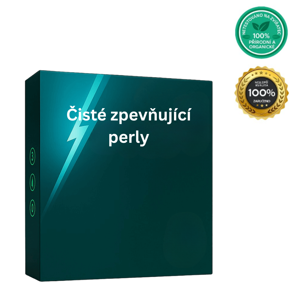 Obal produktu Čisté zpevňující perly, zelený design s certifikáty přírodního původu.
