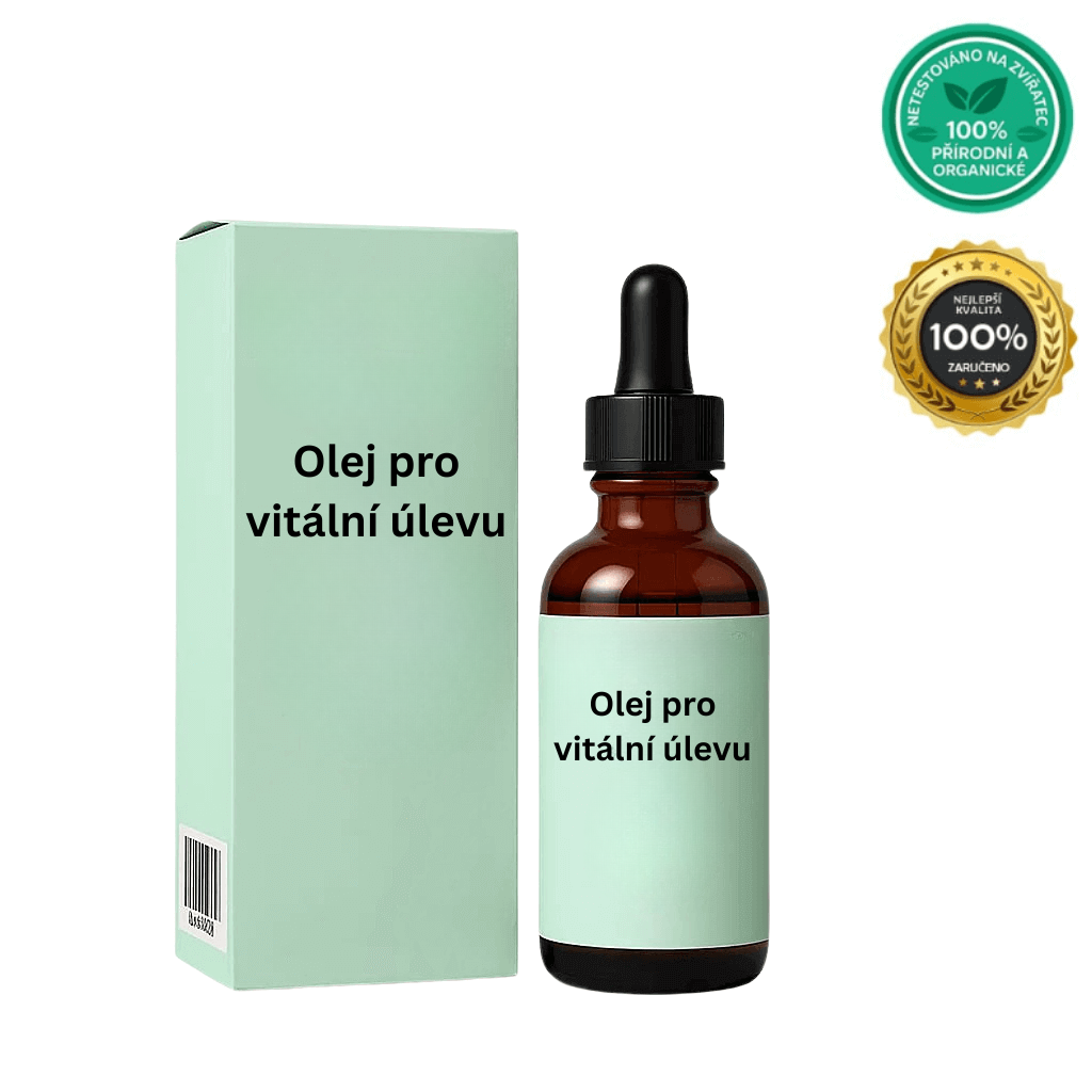 Olej pro vitální úlevu v skleněné lahvičce s boxem, přírodní a organická beauty péče.