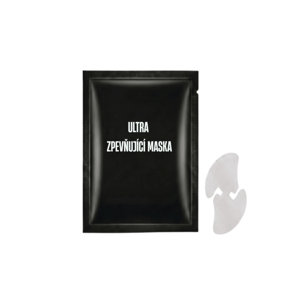Ultra zpevňující maska v černém sáčku se zpevňující pleťovou maskou.