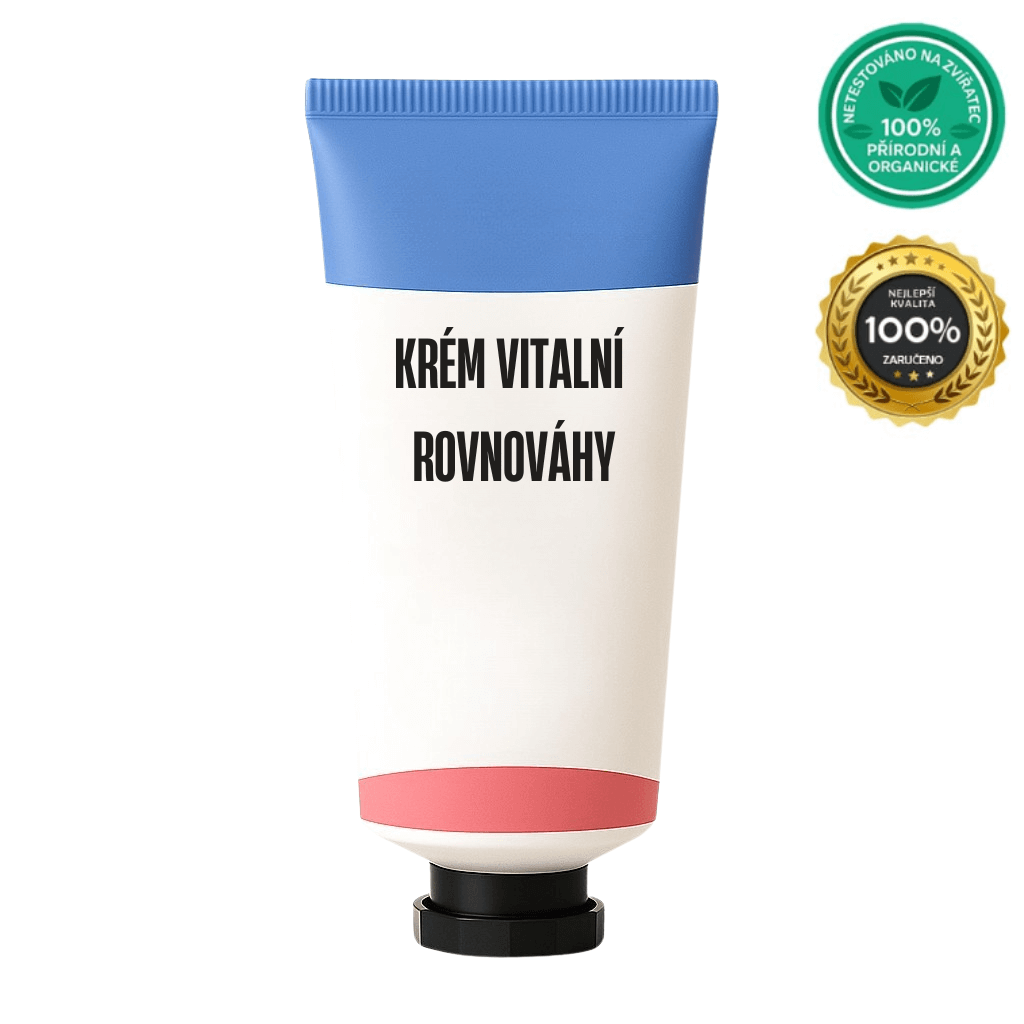 Krém Vitalní Rovnováhy v tubě s modrým víčkem a certifikací 100% přírodní a organické.