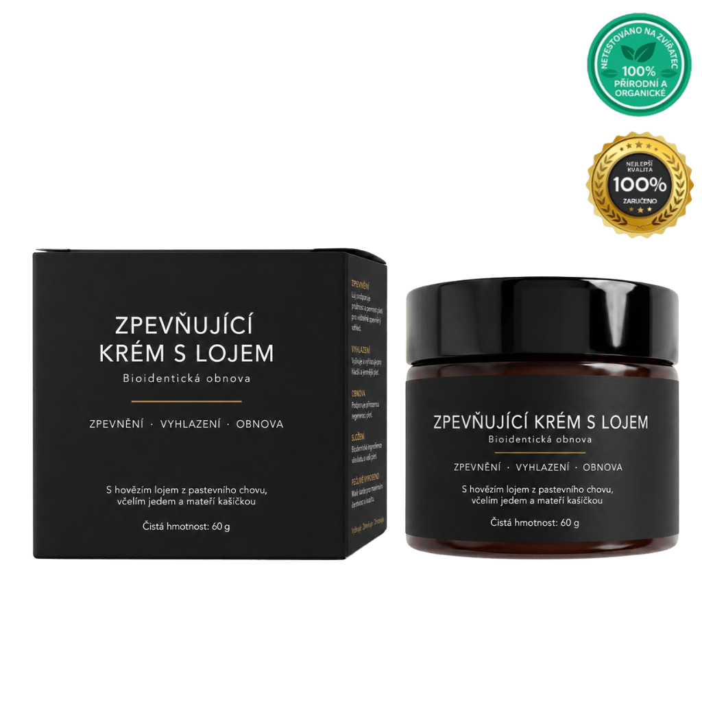 Zpevňující krém z hovězího loje - balení a sklenice s certifikací 100% přírodní.