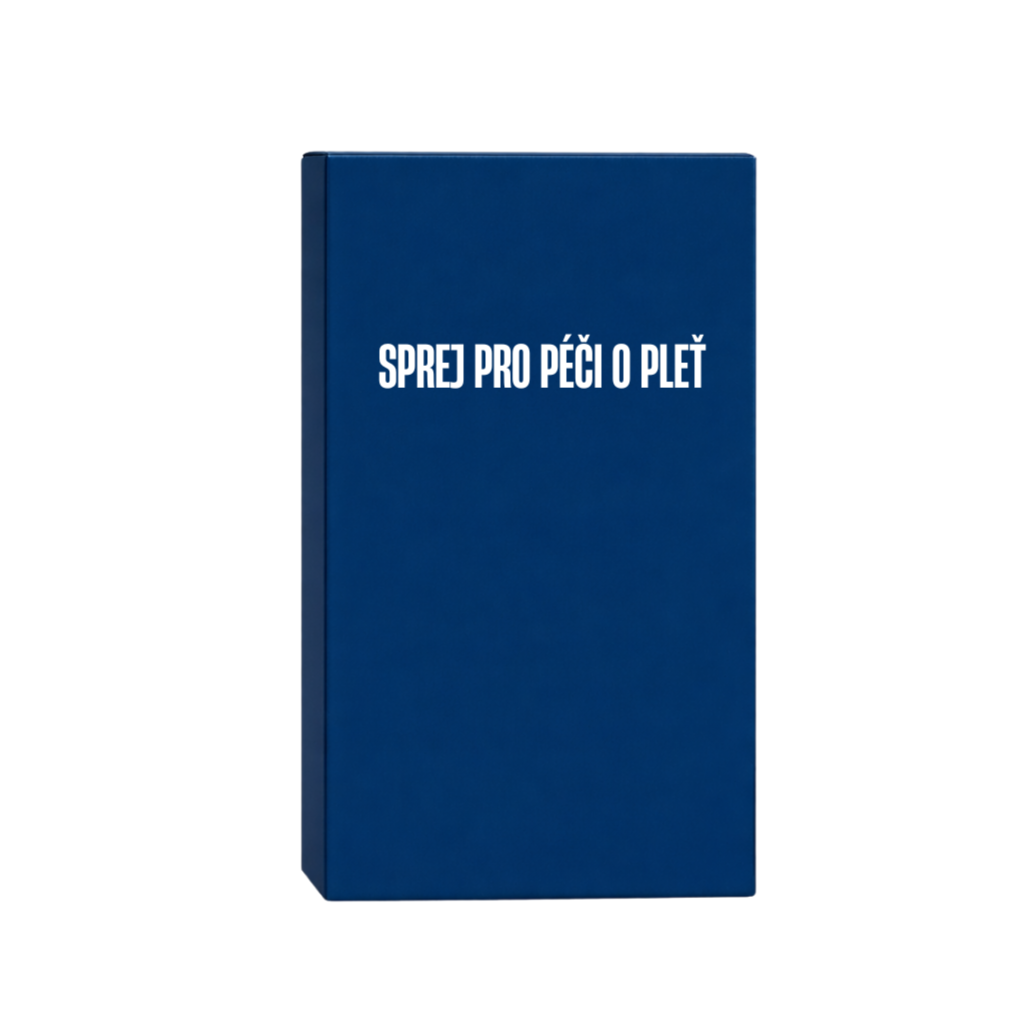 Sprej pro péči o pleť, modrý obal s bílým textem, vhodný pro každodenní péči o pleť.