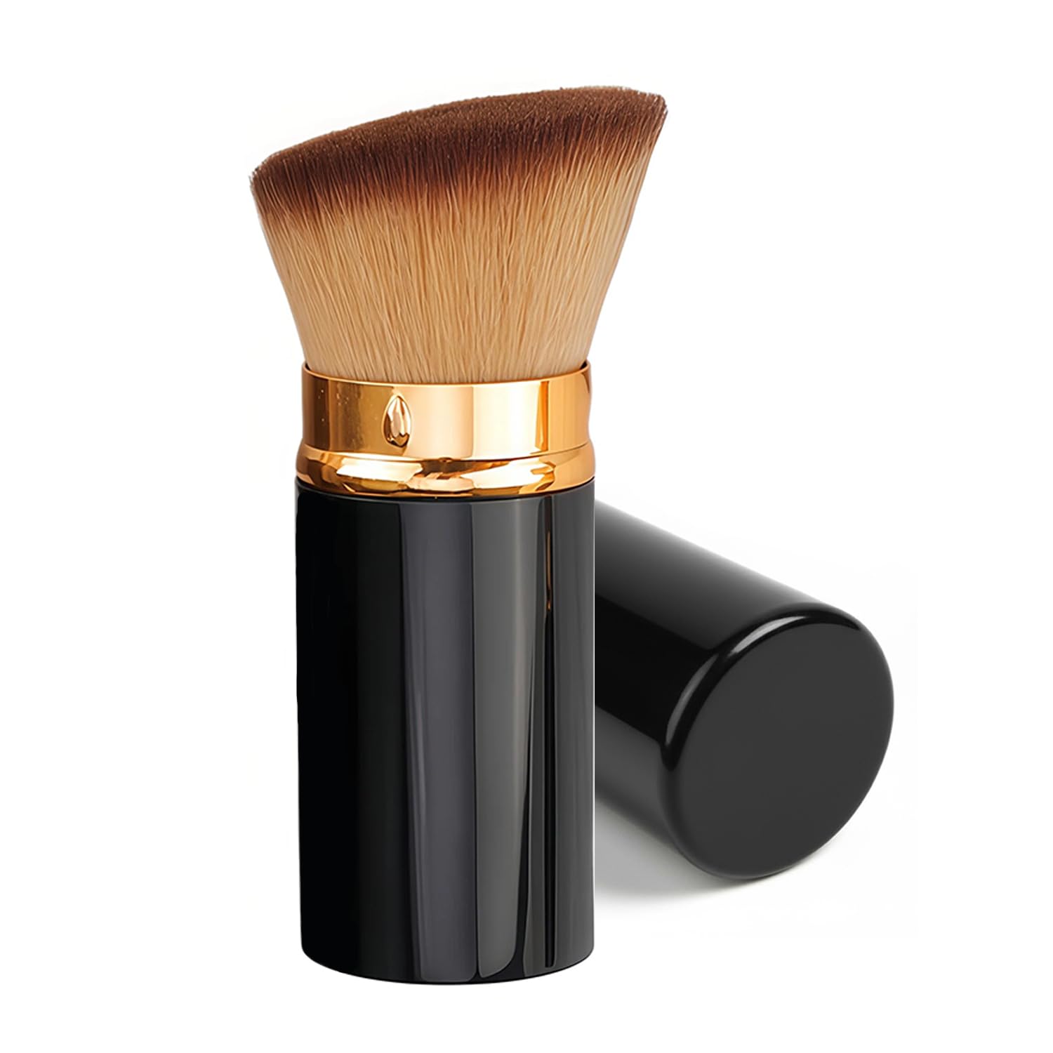 Zatahovací kabuki štětec na make-up s jemnými syntetickými štětinami a ochranným pouzdrem.