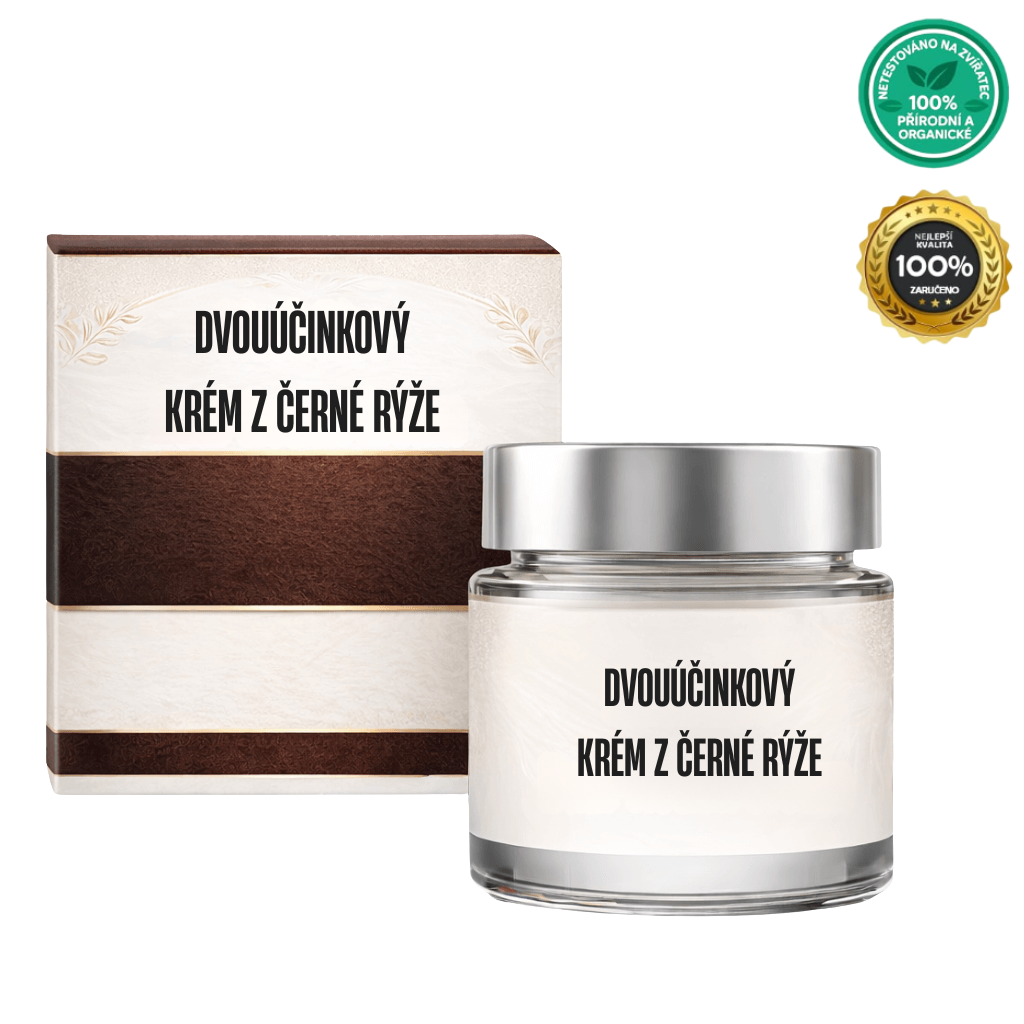 Dvouúčinkový krém z černé rýže v elegantním balení pro péči o pleť a zvýraznění přirozeného vzhledu.