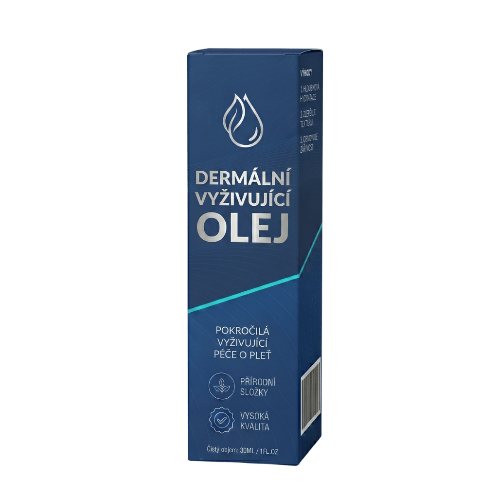 Dermální vyživující olej v elegantním obalu, ideální pro každodenní péči o pleť.