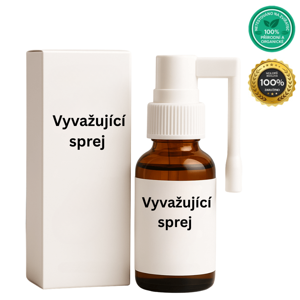 Vyvažující sprej v hnědé skleněné lahvičce s bílou krabičkou, osvěžující pleťový sprej pro revitalizaci pleti.
