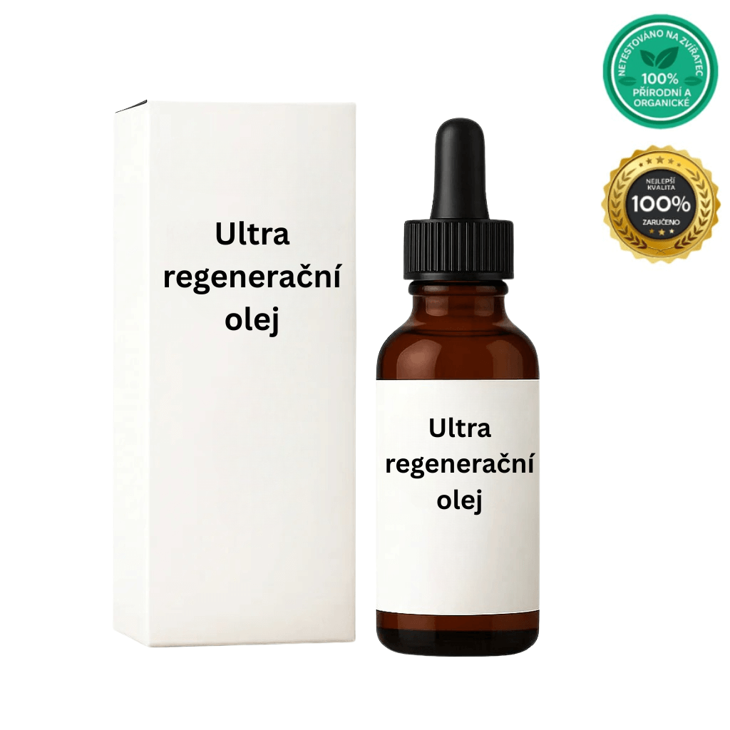 Ultra regenerační olej v tmavé skleněné lahvičce s bílým obalem pro moderní pleťovou péči.