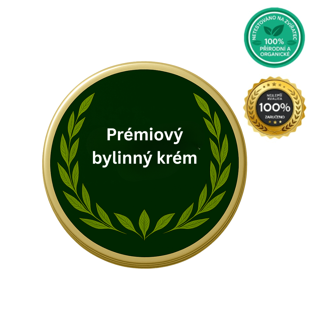 Obal prémiového bylinného krému s přírodními rostlinnými motivy a certifikacemi.