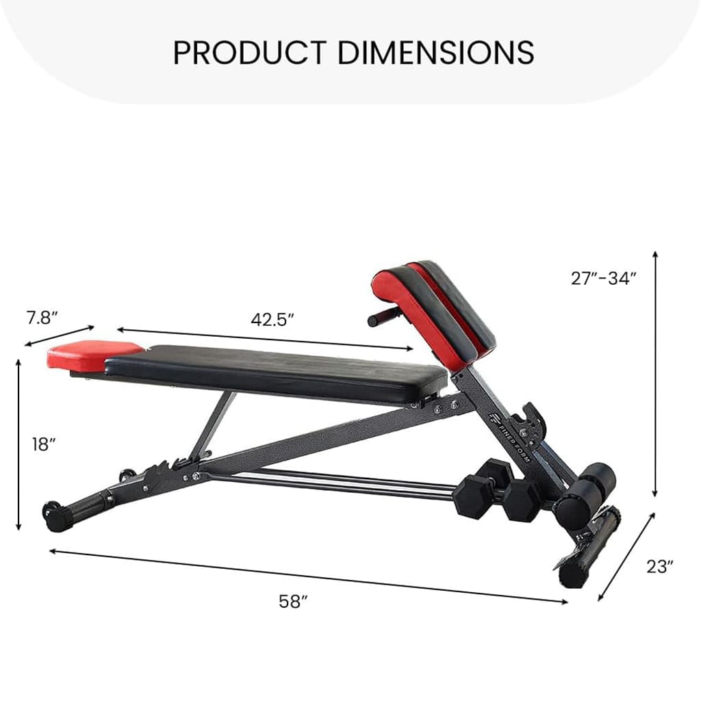 Ahoj Krása PowerPose dimensions showing 58 x 42.5 x 27-34 inches for optimal home workout.