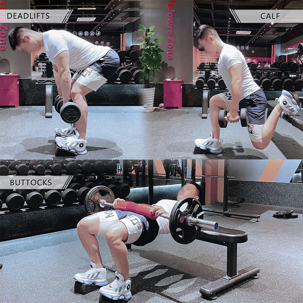 Ahoj Krása LiftAlign exercise routine showing deadlifts, calf raises, and buttock workouts in gym setting.