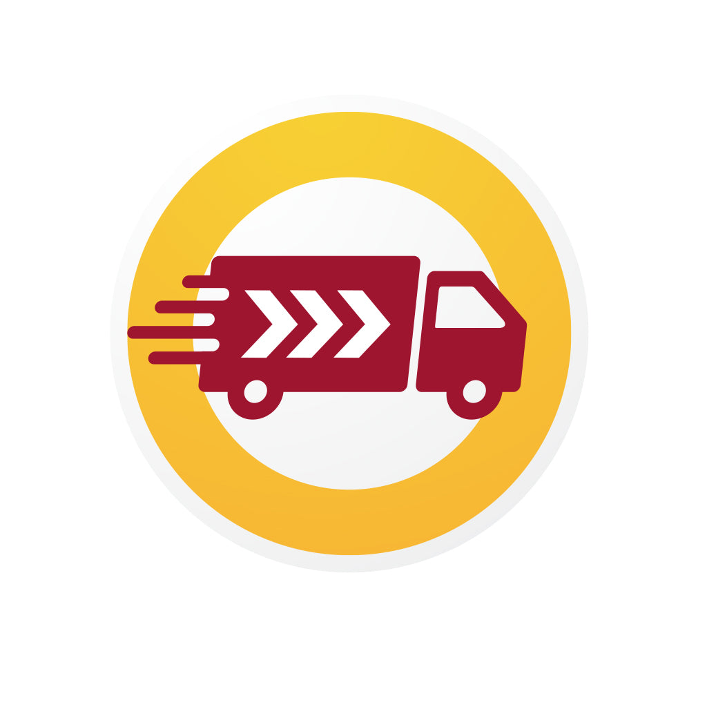 Prioritní doprava icon featuring a fast-moving delivery truck within a yellow circle.